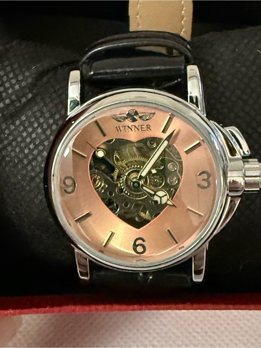 Woman’s Rose Gold Dial Mechanical Watch - Black Strap